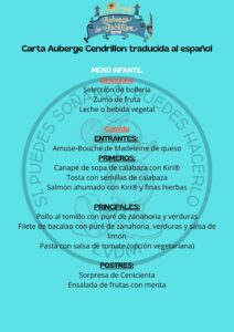 carta menú español auberge cendrillon infantil